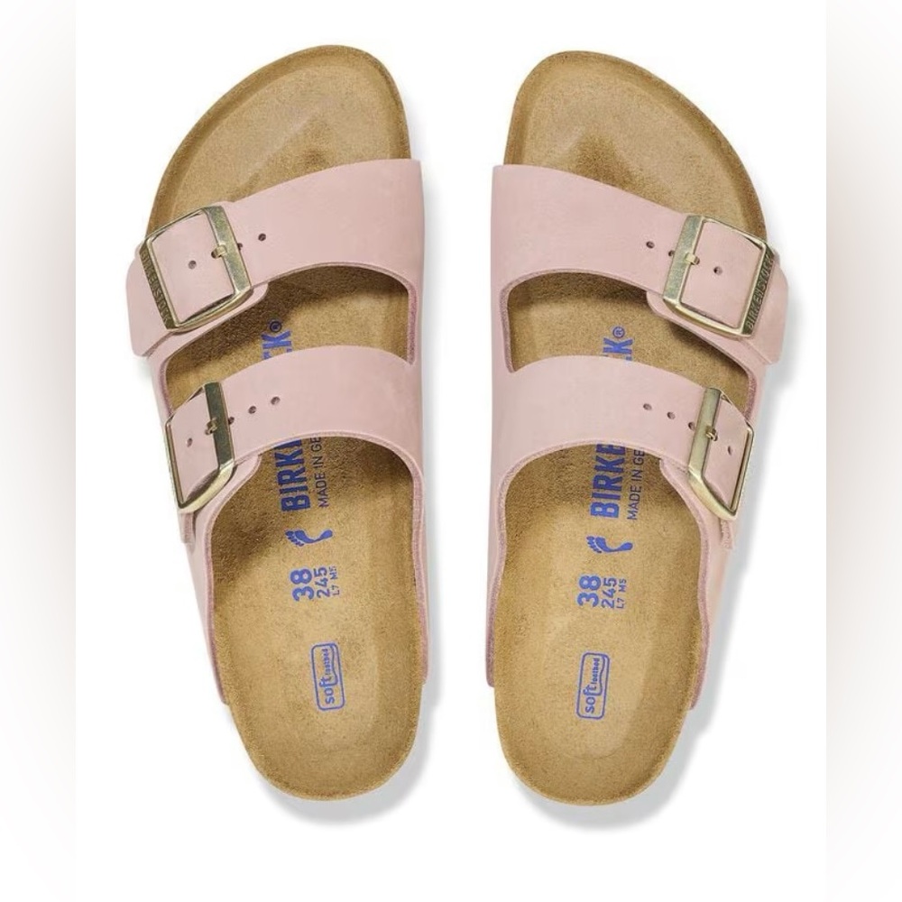 Sold | Birkenstock | Arizona Soft Pink Double Strap Sandals With Gold Buckles - Picture 5 of 11
